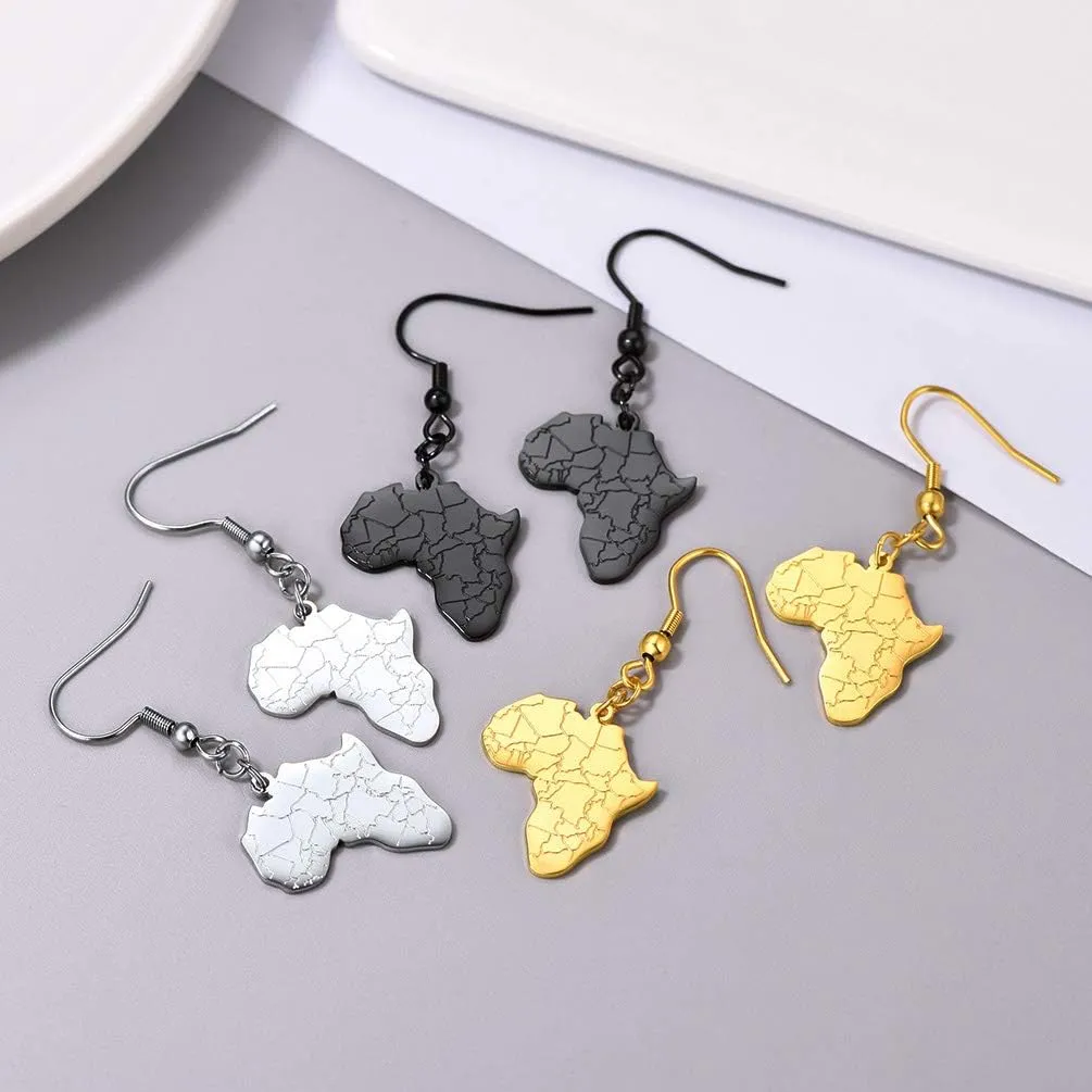 316L Stainless Steel Africa Map Design Earrings, Black/18K Gold Plated, Minimalist Dangle Earrings Statement Jewelry, Come Box