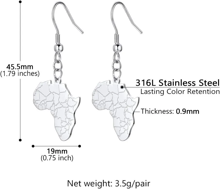 316L Stainless Steel Africa Map Design Earrings, Black/18K Gold Plated, Minimalist Dangle Earrings Statement Jewelry, Come Box