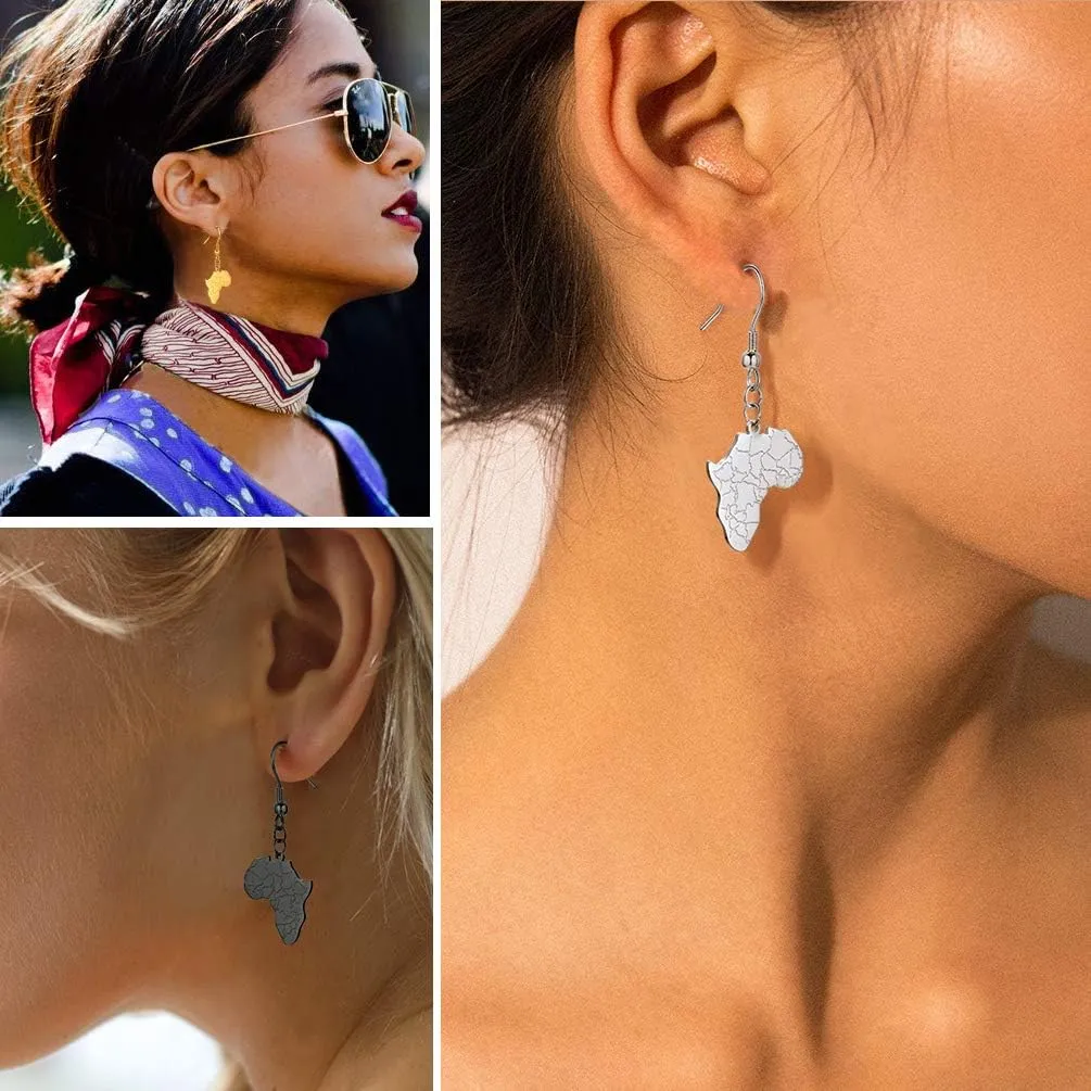 316L Stainless Steel Africa Map Design Earrings, Black/18K Gold Plated, Minimalist Dangle Earrings Statement Jewelry, Come Box