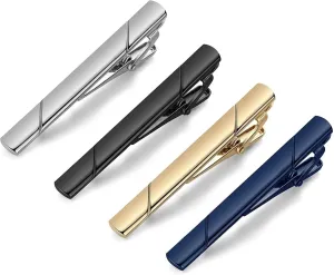 4 Pack Sherry Tie Clips for Men, Black Gold Blue Gray Silver Tie Bar Set for Regular Ties, Luxury Box Gift Ideas (Elegant Style) Size: 2.3'' x 0.23'