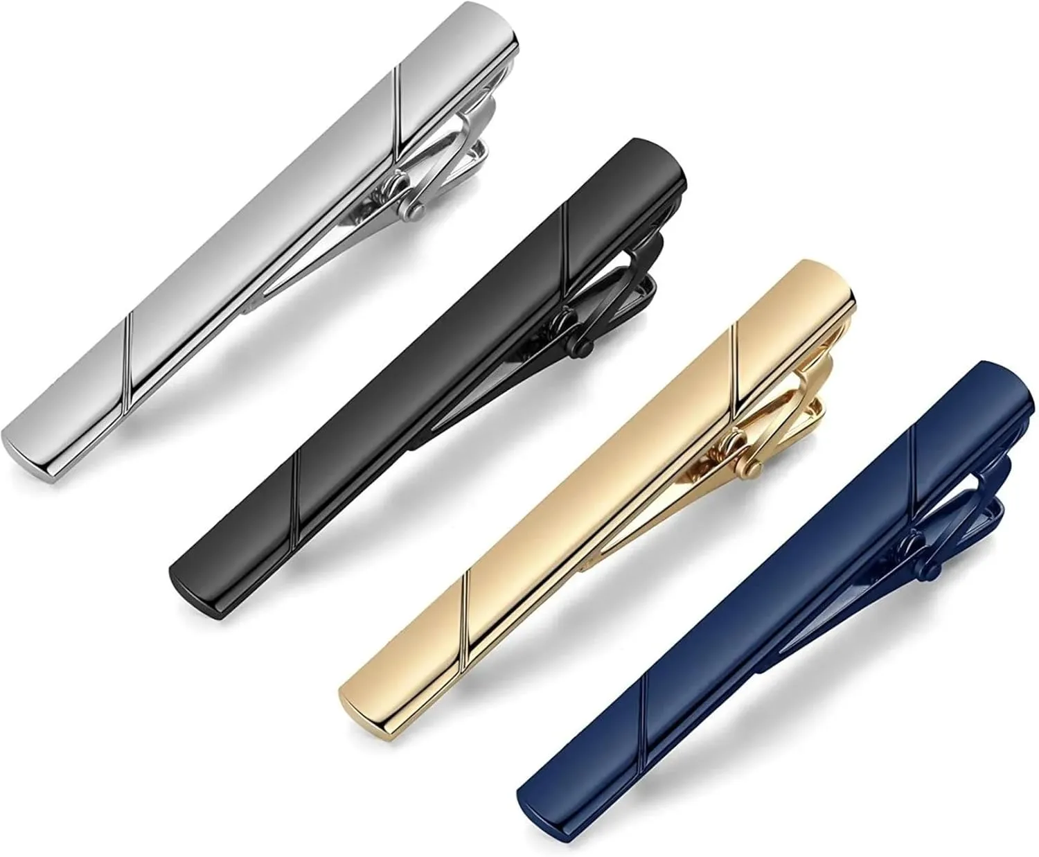 4 Pack Sherry Tie Clips for Men, Black Gold Blue Gray Silver Tie Bar Set for Regular Ties, Luxury Box Gift Ideas (Elegant Style) Size: 2.3'' x 0.23'