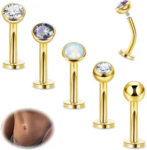 5PCS 316L Stainless Steel Floating Belly Button Rings for Women 14G Petite Flat Back CZ Belly Rings Hypoallergenic Small Opal Internally Threaded Navel Piercing Jewelry 6-16MM