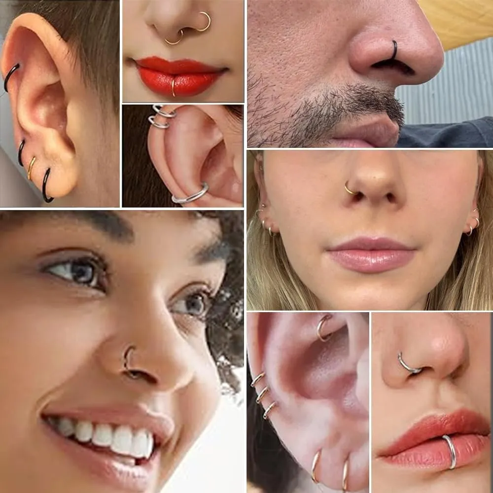 5pcs Hypoallergenic Nose Rings Hoops for Women Men 16G/18G/20G 316L Surgical Steel Hinged Clicker Segment for Nostril Septum Helix Cartilage Daith Tragus Conch Rook Lip Ear Lobe Earrings
