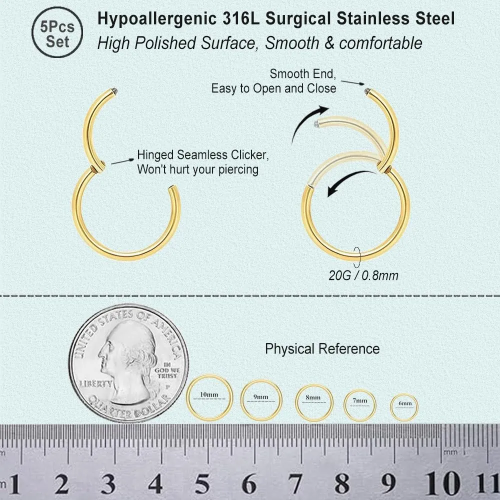 5pcs Hypoallergenic Nose Rings Hoops for Women Men 16G/18G/20G 316L Surgical Steel Hinged Clicker Segment for Nostril Septum Helix Cartilage Daith Tragus Conch Rook Lip Ear Lobe Earrings