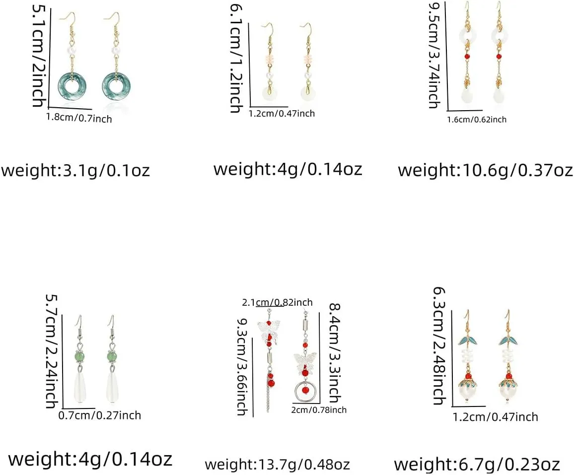 6 Pairs Vintage Ethnic Style Stud Drop Dangle Earings, Chinese Element Teardrop Earings for Women