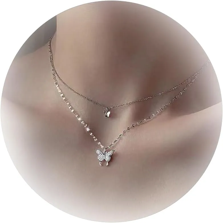 72ore Butterfly Necklaces Gold Silver Trendy Adjustable Chain Necklace Crystal Layered Butterfly Pendant Necklace for Women Christmas Gifts