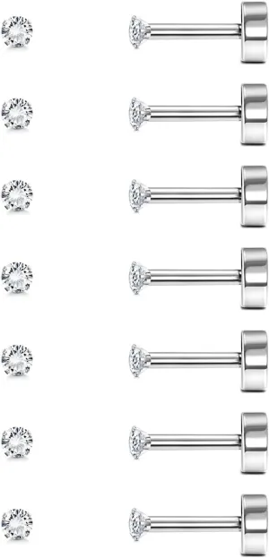 7Pairs 2-8mm Flat Back Stud Earrings Hypoallergenic Stainless Steel Earrings for Men Women Cubic Zirconia Simulated Diamond Cartilage Earrings Helix Tragus Piercing Flat Back Earrings 18G/20G
