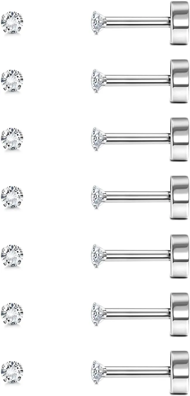 7Pairs 2-8mm Flat Back Stud Earrings Hypoallergenic Stainless Steel Earrings for Men Women Cubic Zirconia Simulated Diamond Cartilage Earrings Helix Tragus Piercing Flat Back Earrings 18G/20G