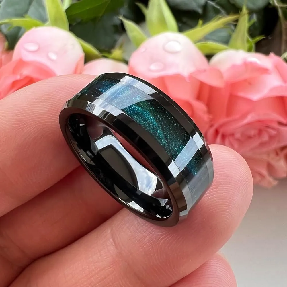 8mm Black Tungsten Rings for Men Women Flowing Sand Inlay Fashion Engagement Promise Wedding Band Beveled Polished Shiny Comfort Fit