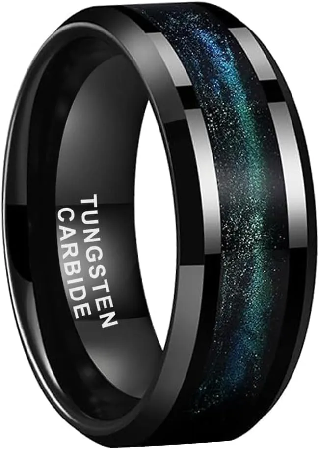 8mm Black Tungsten Rings for Men Women Flowing Sand Inlay Fashion Engagement Promise Wedding Band Beveled Polished Shiny Comfort Fit