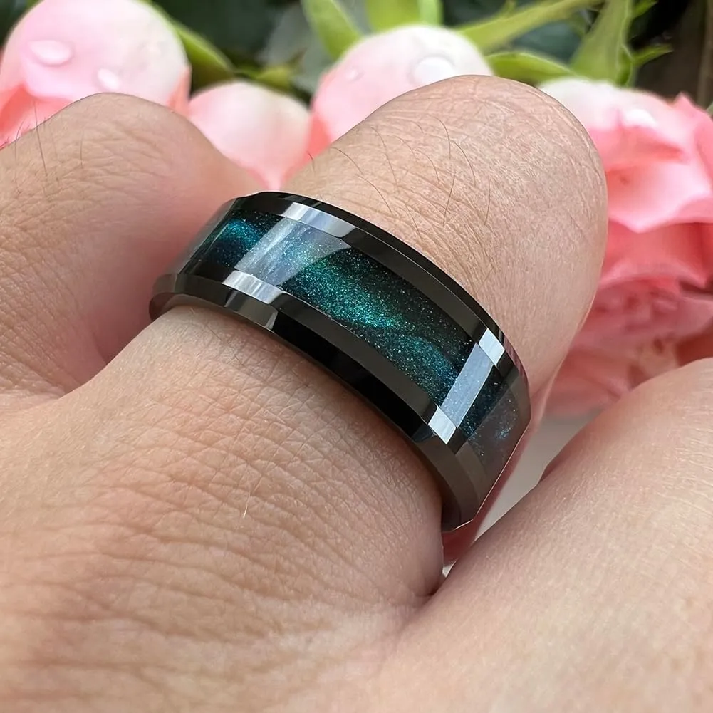 8mm Black Tungsten Rings for Men Women Flowing Sand Inlay Fashion Engagement Promise Wedding Band Beveled Polished Shiny Comfort Fit