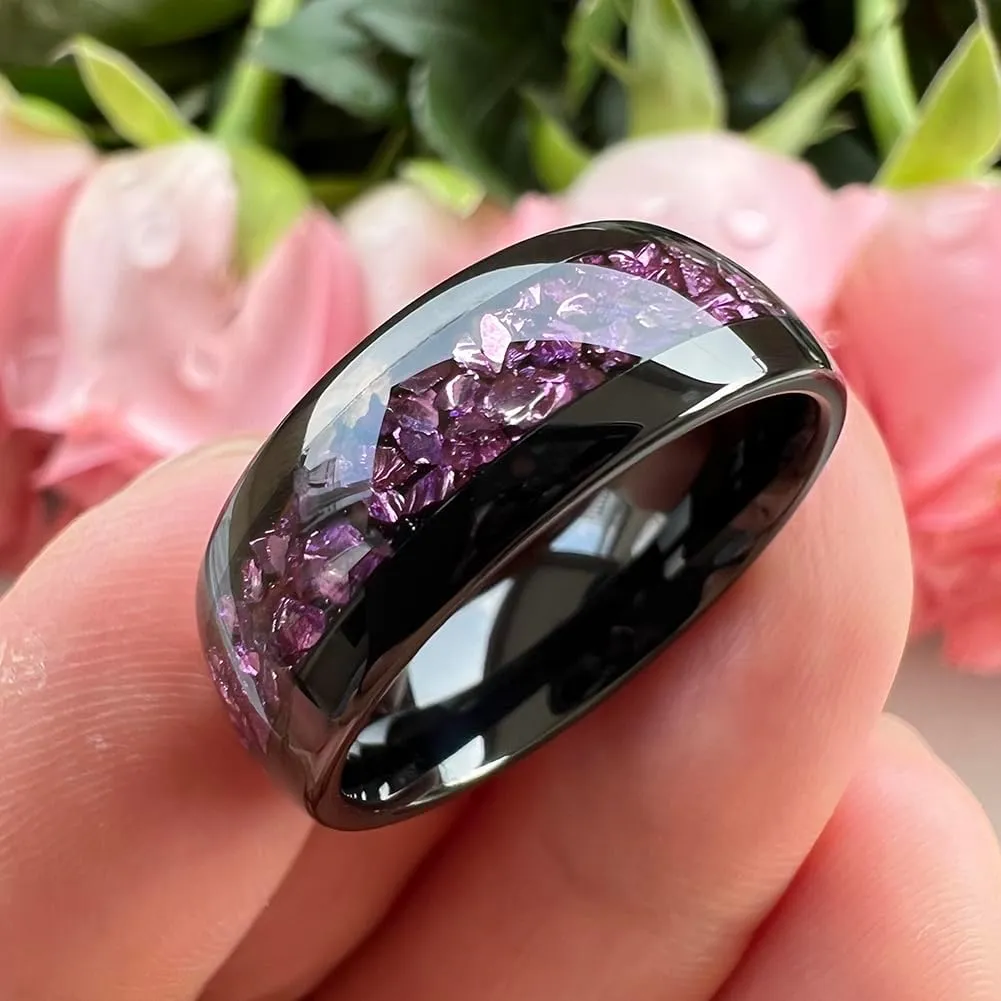 8mm Black Tungsten Rings for Men Women Outer Space Nebula Galaxy Blue Gemstone Purple Amethyst Inlay Engagement Wedding Band Polished Comfort Fit
