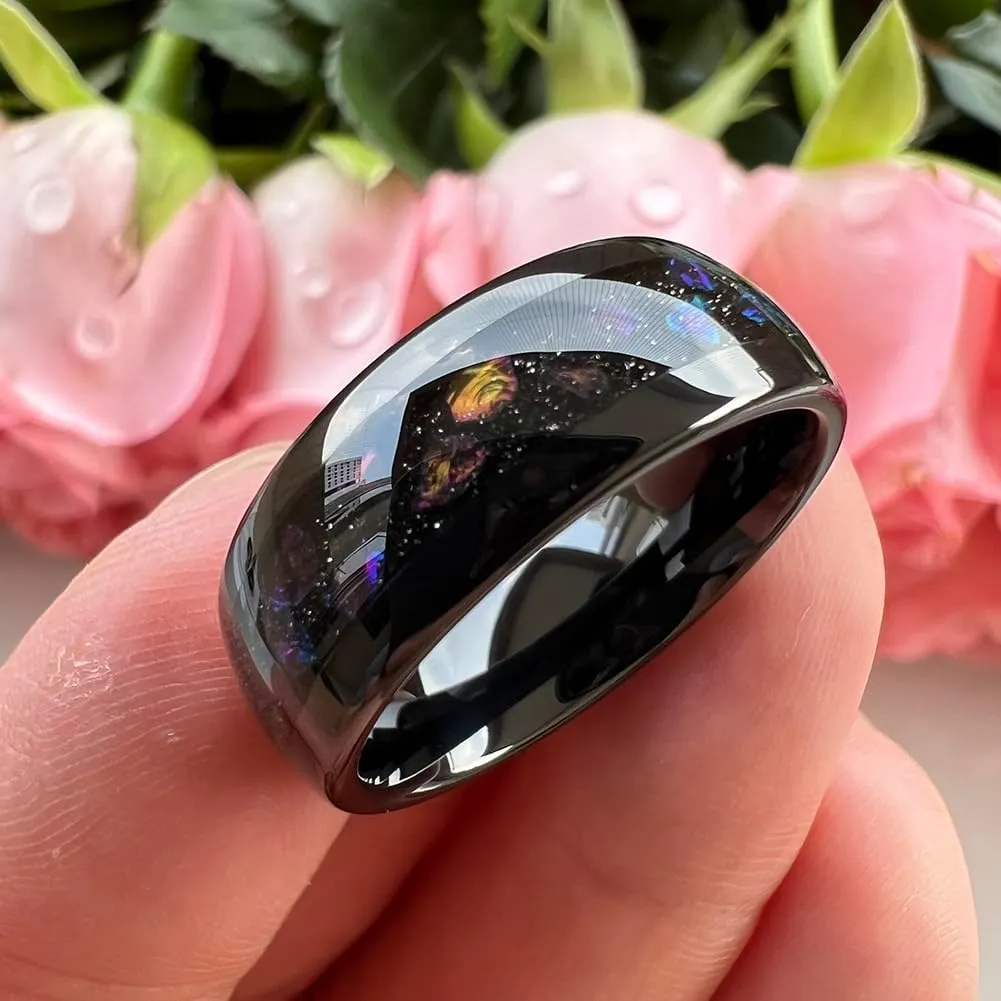8mm Black Tungsten Rings for Men Women Outer Space Nebula Galaxy Blue Gemstone Purple Amethyst Inlay Engagement Wedding Band Polished Comfort Fit