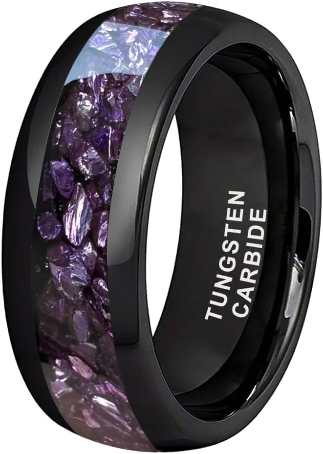 8mm Black Tungsten Rings for Men Women Outer Space Nebula Galaxy Blue Gemstone Purple Amethyst Inlay Engagement Wedding Band Polished Comfort Fit