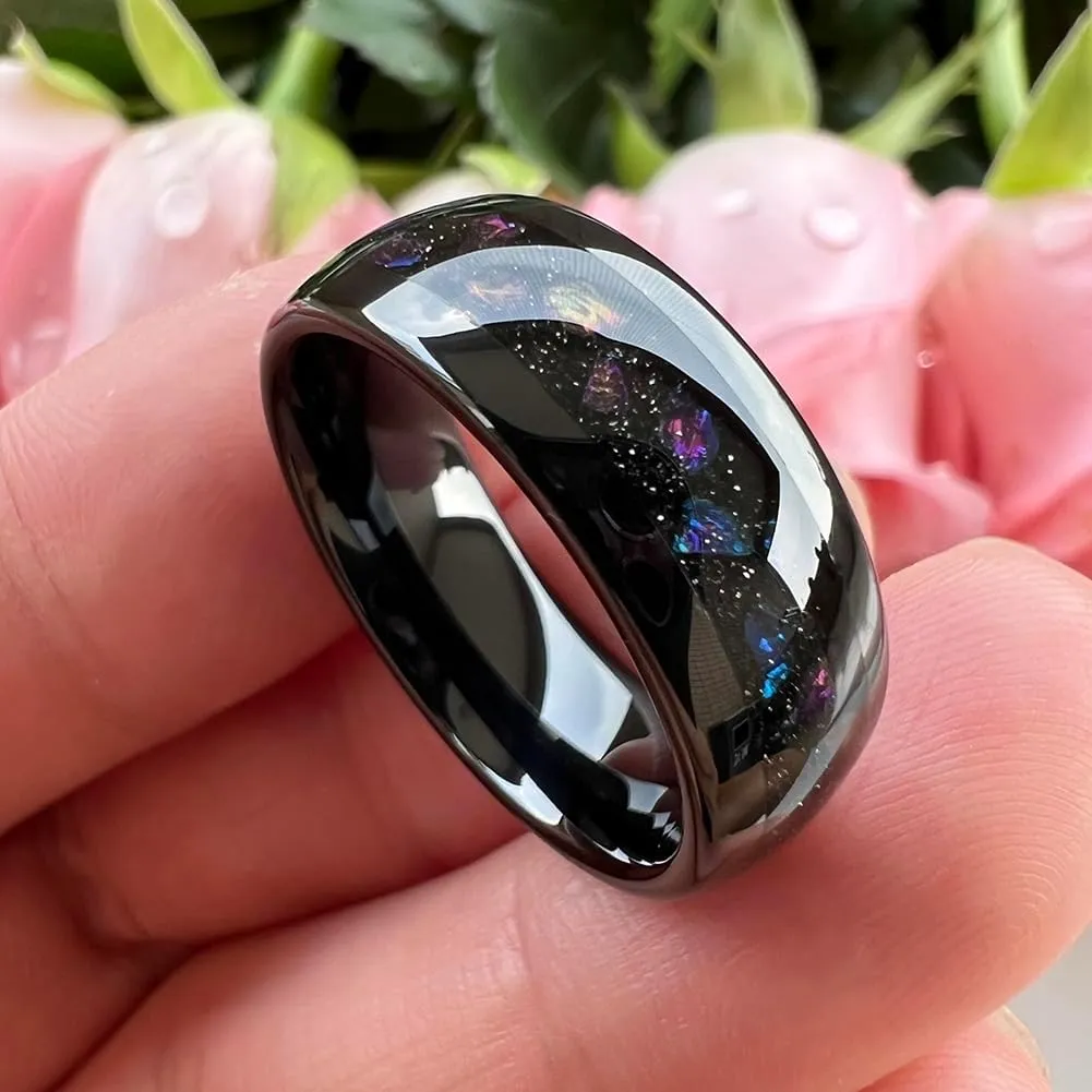 8mm Black Tungsten Rings for Men Women Outer Space Nebula Galaxy Blue Gemstone Purple Amethyst Inlay Engagement Wedding Band Polished Comfort Fit