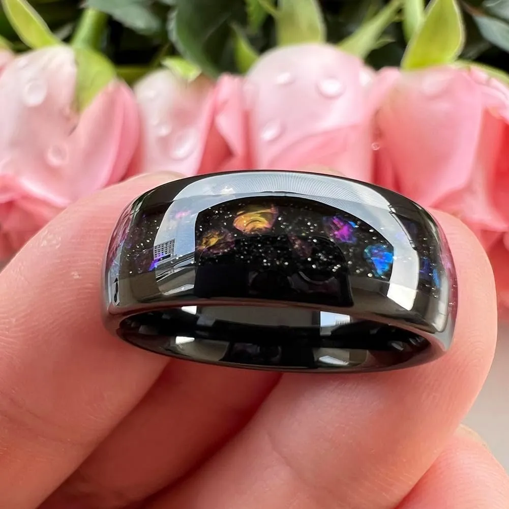 8mm Black Tungsten Rings for Men Women Outer Space Nebula Galaxy Blue Gemstone Purple Amethyst Inlay Engagement Wedding Band Polished Comfort Fit