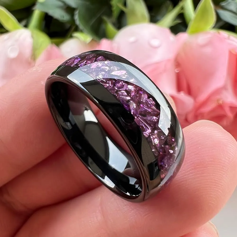 8mm Black Tungsten Rings for Men Women Outer Space Nebula Galaxy Blue Gemstone Purple Amethyst Inlay Engagement Wedding Band Polished Comfort Fit