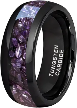 8mm Black Tungsten Rings for Men Women Outer Space Nebula Galaxy Blue Gemstone Purple Amethyst Inlay Engagement Wedding Band Polished Comfort Fit