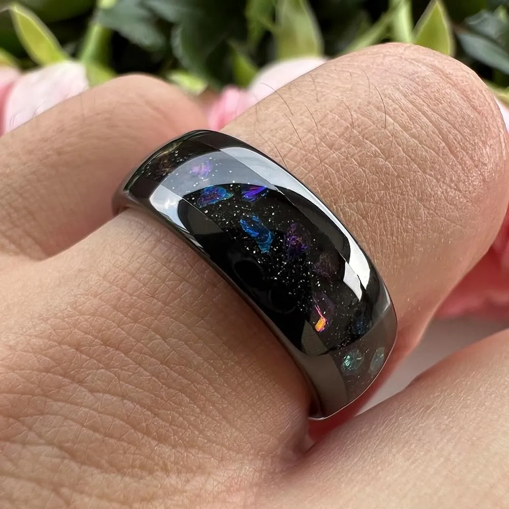 8mm Black Tungsten Rings for Men Women Outer Space Nebula Galaxy Blue Gemstone Purple Amethyst Inlay Engagement Wedding Band Polished Comfort Fit