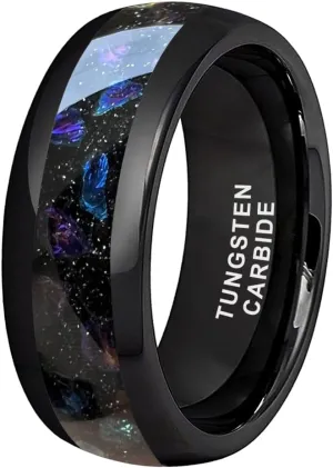 8mm Black Tungsten Rings for Men Women Outer Space Nebula Galaxy Blue Gemstone Purple Amethyst Inlay Engagement Wedding Band Polished Comfort Fit