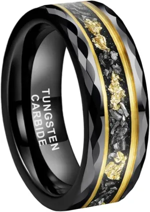 8mm Silver/Black/Gold Tungsten Rings for Men Women Meteorite Chips Gold Foil Galaxy Opal Inlay Promise Engagement Wedding Band Polished Shiny Comfort Fit