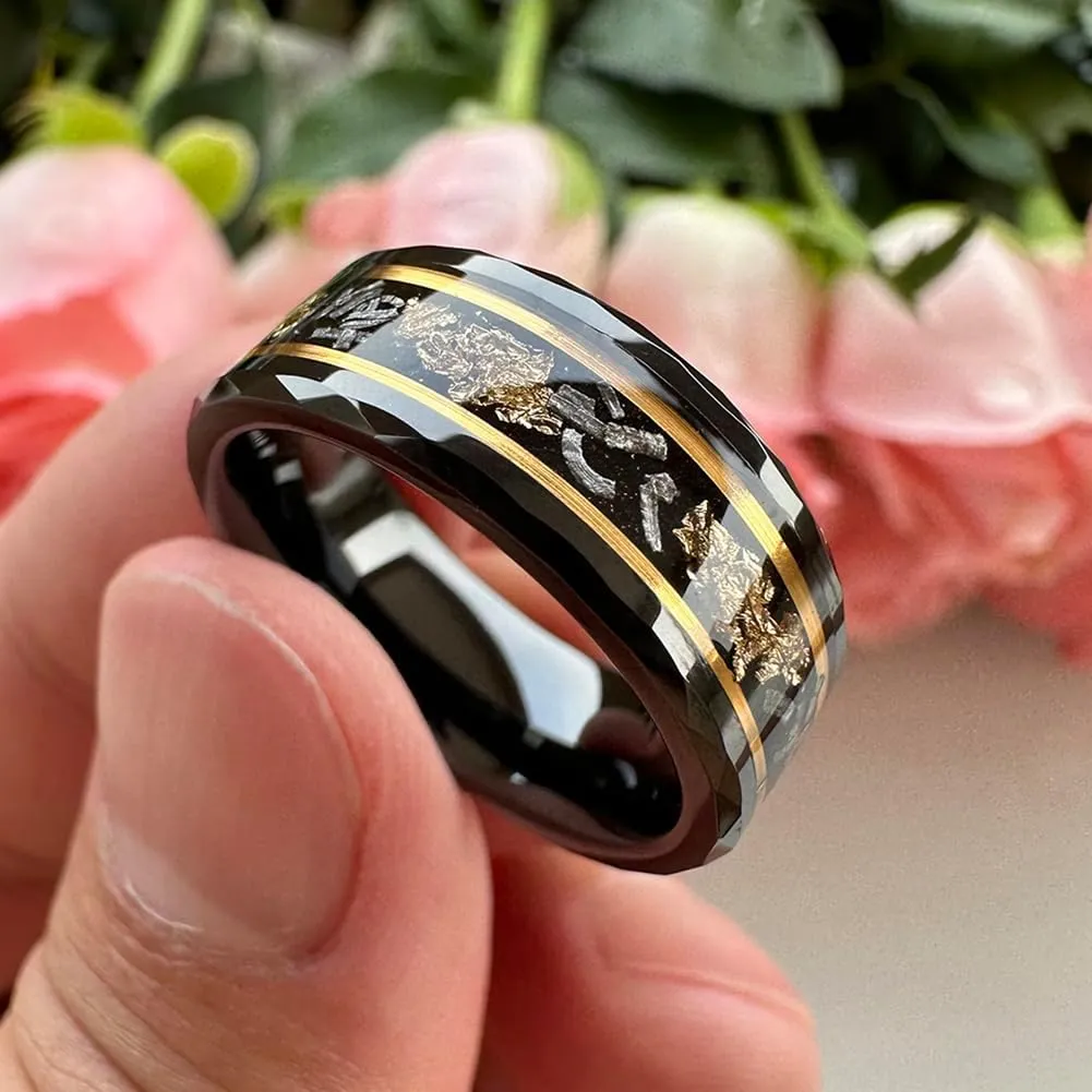 8mm Silver/Black/Gold Tungsten Rings for Men Women Meteorite Chips Gold Foil Galaxy Opal Inlay Promise Engagement Wedding Band Polished Shiny Comfort Fit