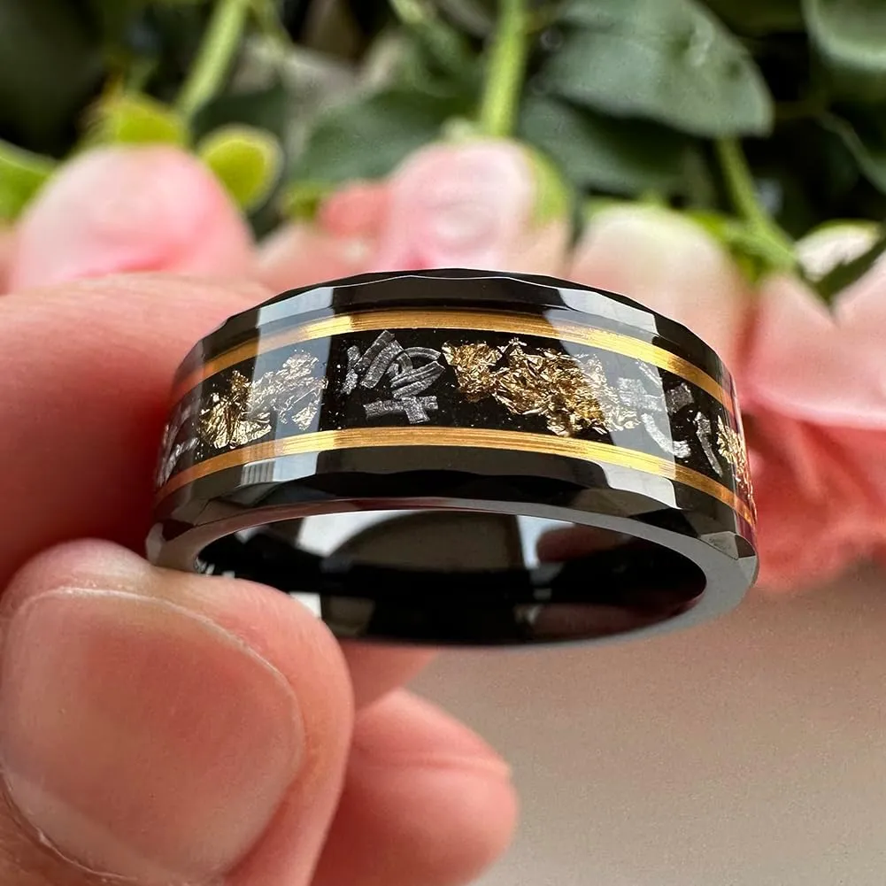 8mm Silver/Black/Gold Tungsten Rings for Men Women Meteorite Chips Gold Foil Galaxy Opal Inlay Promise Engagement Wedding Band Polished Shiny Comfort Fit