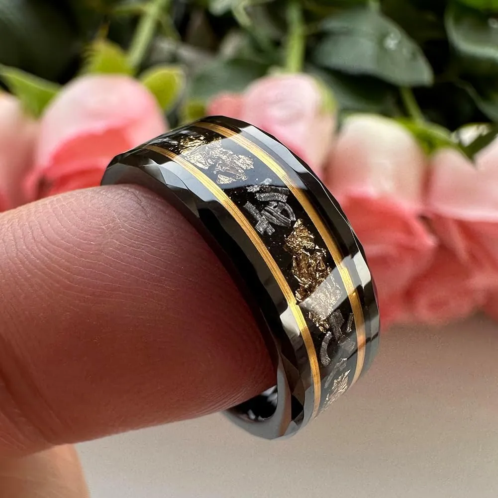 8mm Silver/Black/Gold Tungsten Rings for Men Women Meteorite Chips Gold Foil Galaxy Opal Inlay Promise Engagement Wedding Band Polished Shiny Comfort Fit