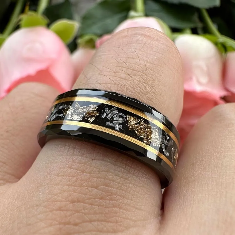 8mm Silver/Black/Gold Tungsten Rings for Men Women Meteorite Chips Gold Foil Galaxy Opal Inlay Promise Engagement Wedding Band Polished Shiny Comfort Fit