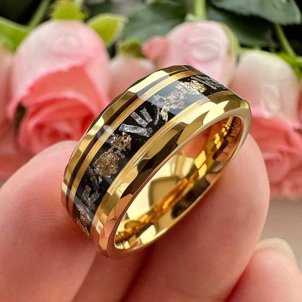 8mm Silver/Black/Gold Tungsten Rings for Men Women Meteorite Chips Gold Foil Galaxy Opal Inlay Promise Engagement Wedding Band Polished Shiny Comfort Fit