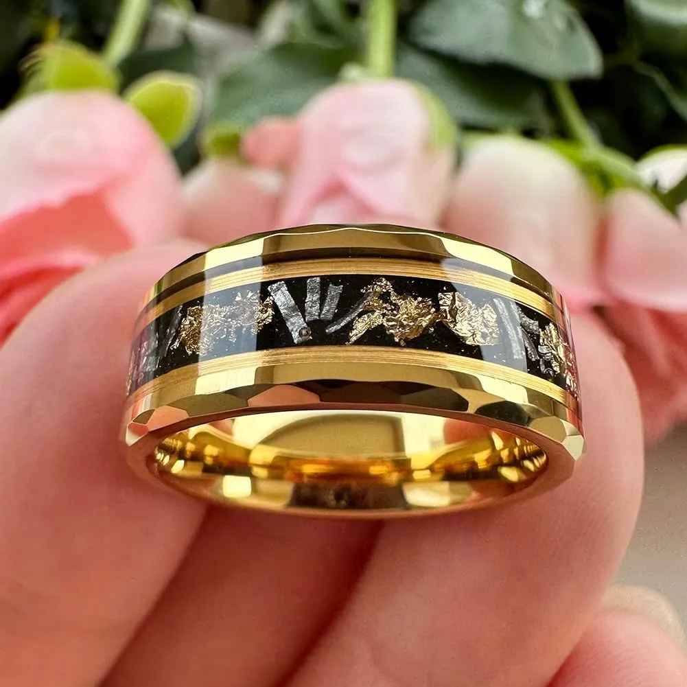 8mm Silver/Black/Gold Tungsten Rings for Men Women Meteorite Chips Gold Foil Galaxy Opal Inlay Promise Engagement Wedding Band Polished Shiny Comfort Fit