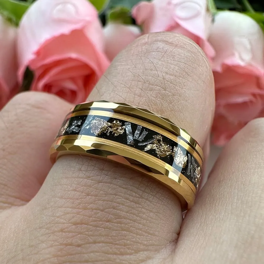 8mm Silver/Black/Gold Tungsten Rings for Men Women Meteorite Chips Gold Foil Galaxy Opal Inlay Promise Engagement Wedding Band Polished Shiny Comfort Fit