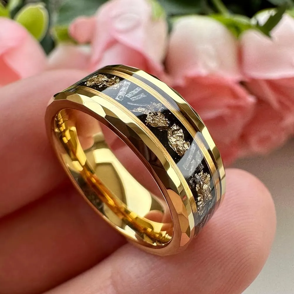 8mm Silver/Black/Gold Tungsten Rings for Men Women Meteorite Chips Gold Foil Galaxy Opal Inlay Promise Engagement Wedding Band Polished Shiny Comfort Fit