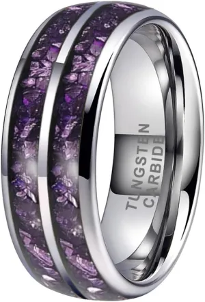 8mm Silver/Black/Gunmetal Purple Tungsten Rings for Men Women Amethyst Inlay Fashion Engagement Promise Wedding Band Polished Comfort Fit