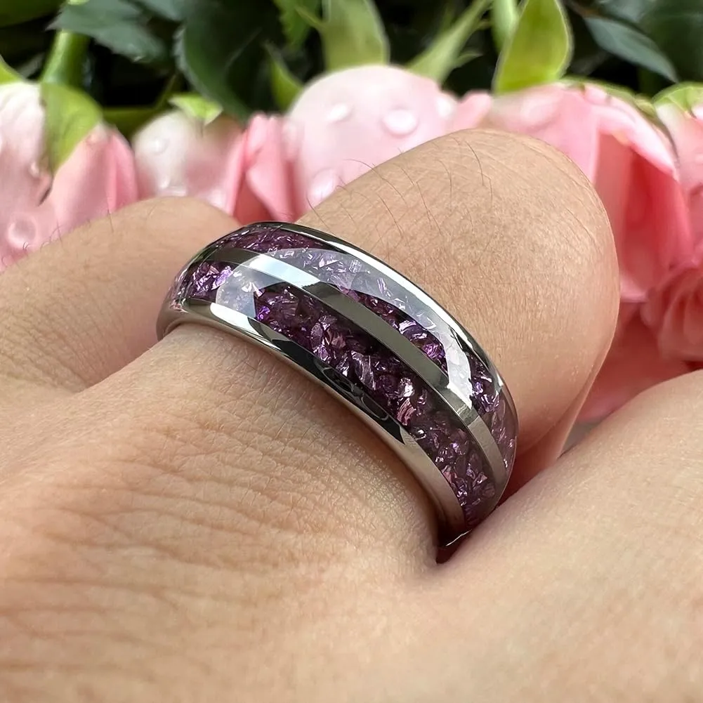 8mm Silver/Black/Gunmetal Purple Tungsten Rings for Men Women Amethyst Inlay Fashion Engagement Promise Wedding Band Polished Comfort Fit