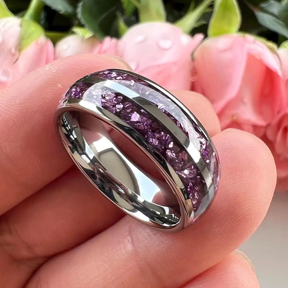 8mm Silver/Black/Gunmetal Purple Tungsten Rings for Men Women Amethyst Inlay Fashion Engagement Promise Wedding Band Polished Comfort Fit