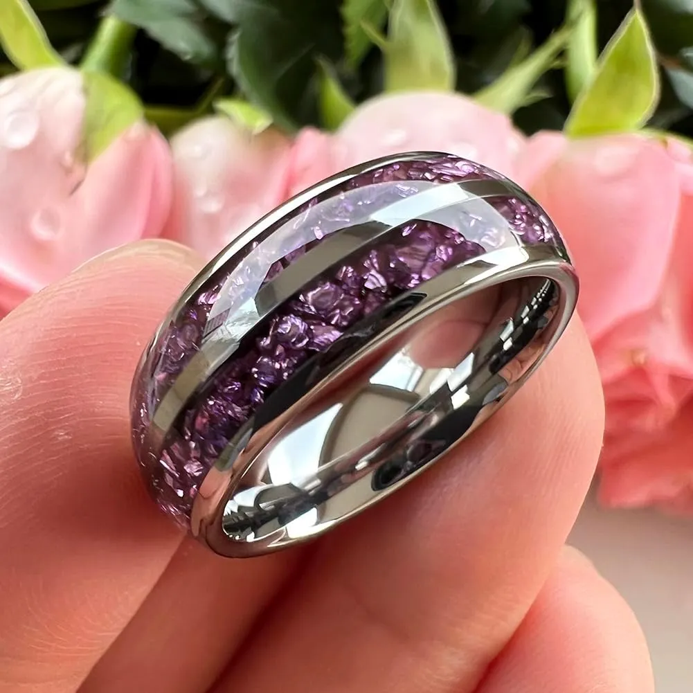8mm Silver/Black/Gunmetal Purple Tungsten Rings for Men Women Amethyst Inlay Fashion Engagement Promise Wedding Band Polished Comfort Fit