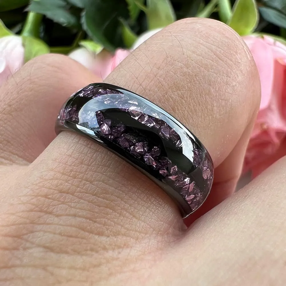 8mm Silver/Black/Gunmetal Purple Tungsten Rings for Men Women Amethyst Inlay Fashion Engagement Promise Wedding Band Polished Comfort Fit
