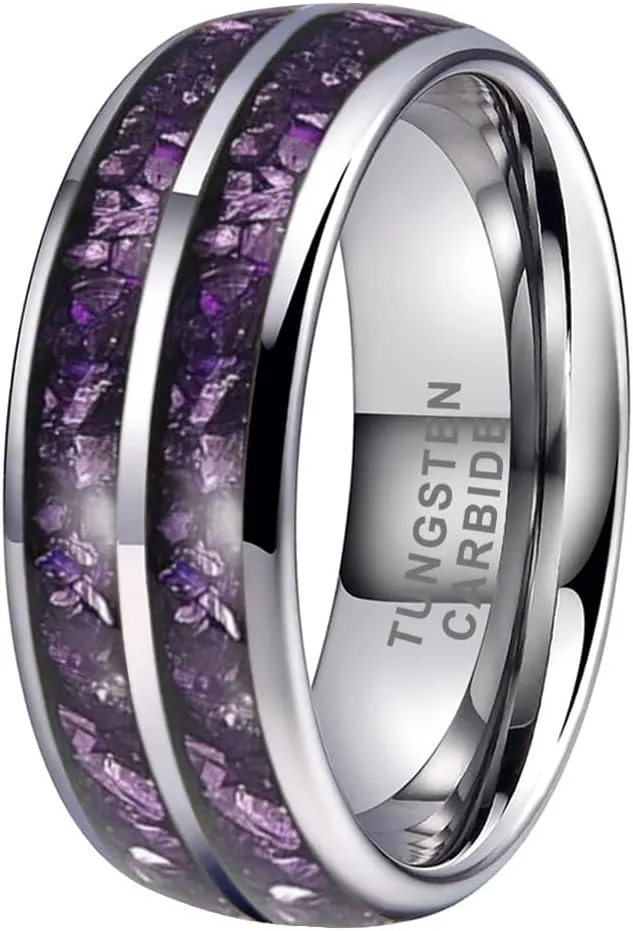 8mm Silver/Black/Gunmetal Purple Tungsten Rings for Men Women Amethyst Inlay Fashion Engagement Promise Wedding Band Polished Comfort Fit
