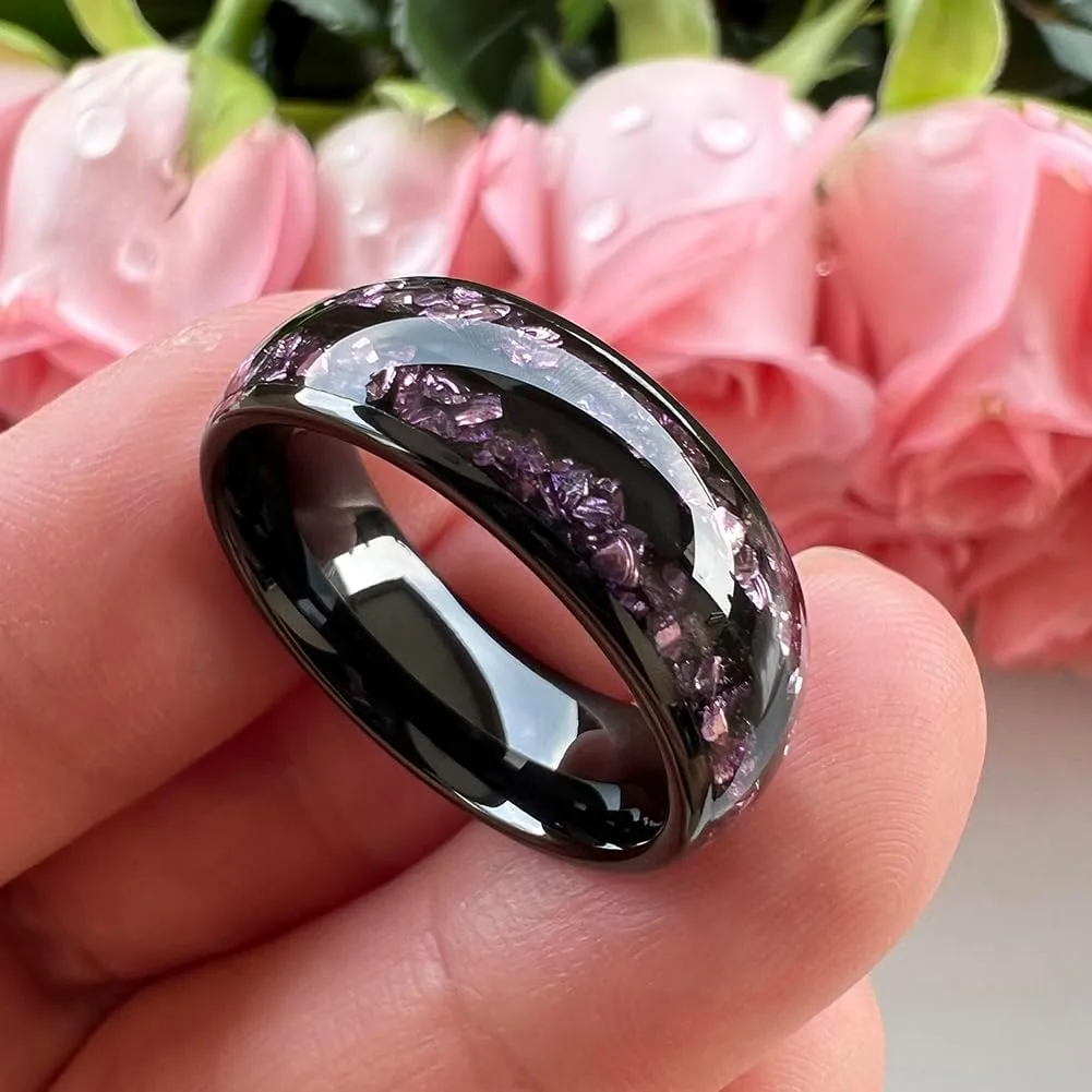8mm Silver/Black/Gunmetal Purple Tungsten Rings for Men Women Amethyst Inlay Fashion Engagement Promise Wedding Band Polished Comfort Fit