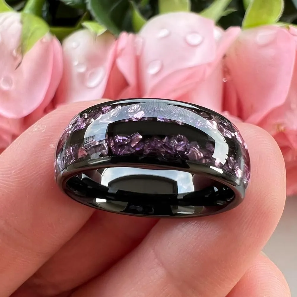 8mm Silver/Black/Gunmetal Purple Tungsten Rings for Men Women Amethyst Inlay Fashion Engagement Promise Wedding Band Polished Comfort Fit