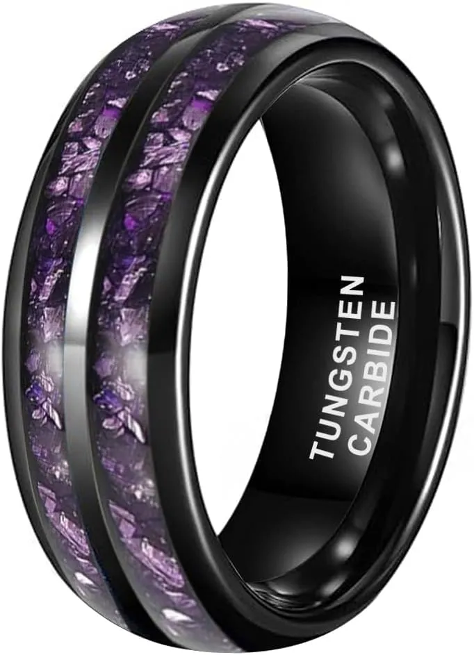 8mm Silver/Black/Gunmetal Purple Tungsten Rings for Men Women Amethyst Inlay Fashion Engagement Promise Wedding Band Polished Comfort Fit