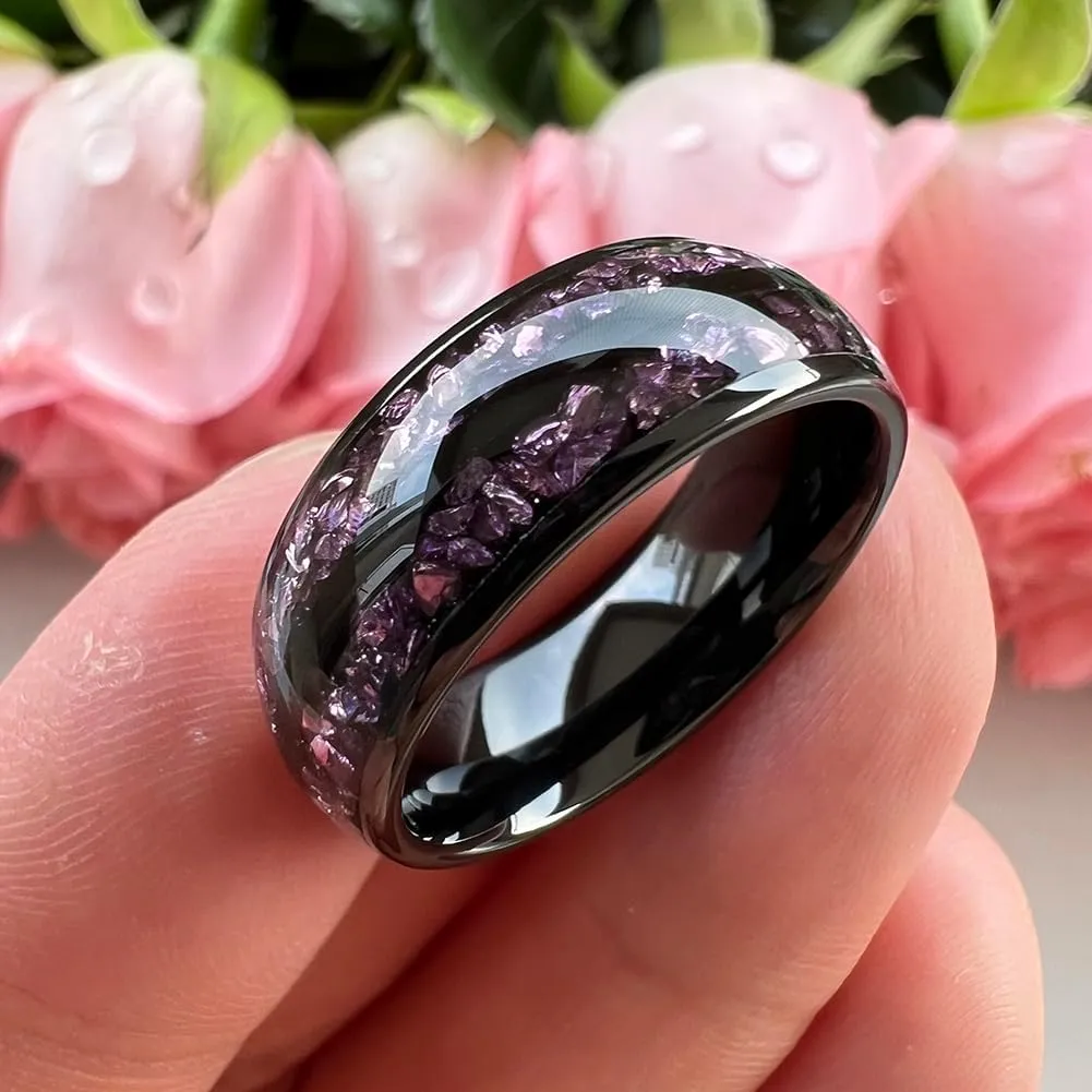 8mm Silver/Black/Gunmetal Purple Tungsten Rings for Men Women Amethyst Inlay Fashion Engagement Promise Wedding Band Polished Comfort Fit