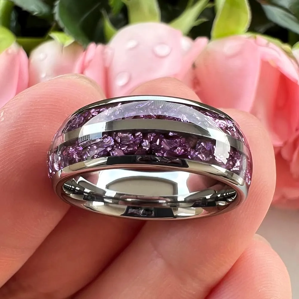 8mm Silver/Black/Gunmetal Purple Tungsten Rings for Men Women Amethyst Inlay Fashion Engagement Promise Wedding Band Polished Comfort Fit