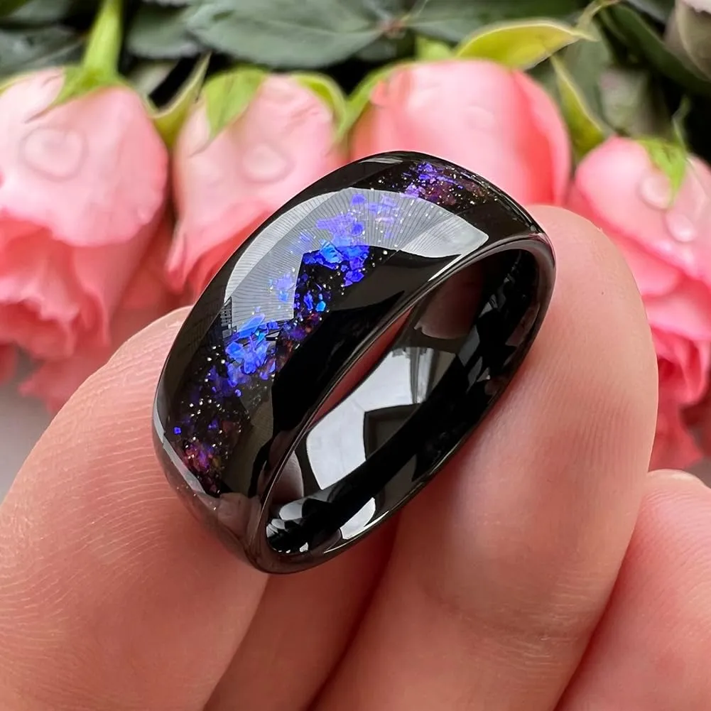 8mm Silver/Black/Gunmetal Tungsten Rings for Men Women Orion Nebula Opal Galaxy Fragment Inlay Fashion Jewelry Engagement Wedding Promise Band Polished Shiny Comfort Fit