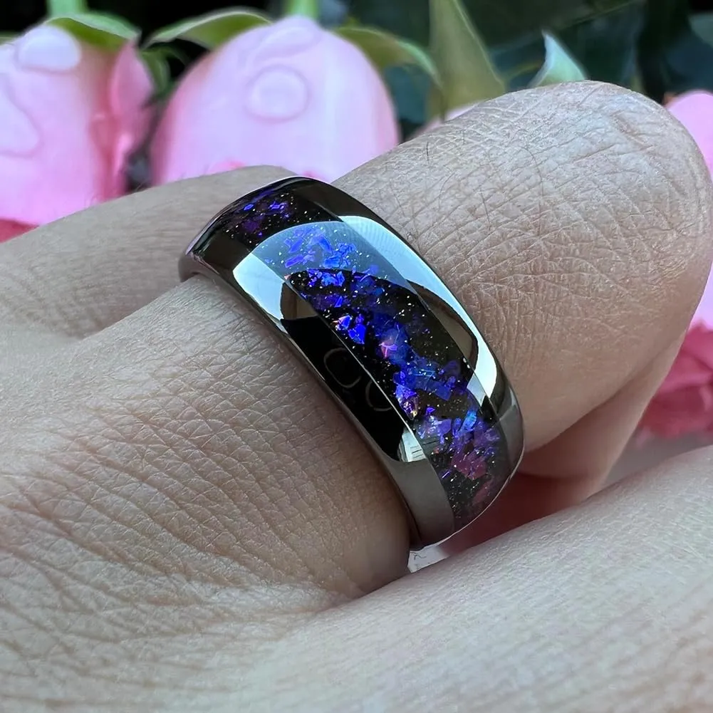 8mm Silver/Black/Gunmetal Tungsten Rings for Men Women Orion Nebula Opal Galaxy Fragment Inlay Fashion Jewelry Engagement Wedding Promise Band Polished Shiny Comfort Fit