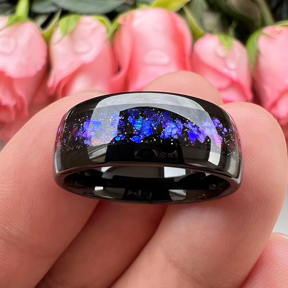 8mm Silver/Black/Gunmetal Tungsten Rings for Men Women Orion Nebula Opal Galaxy Fragment Inlay Fashion Jewelry Engagement Wedding Promise Band Polished Shiny Comfort Fit