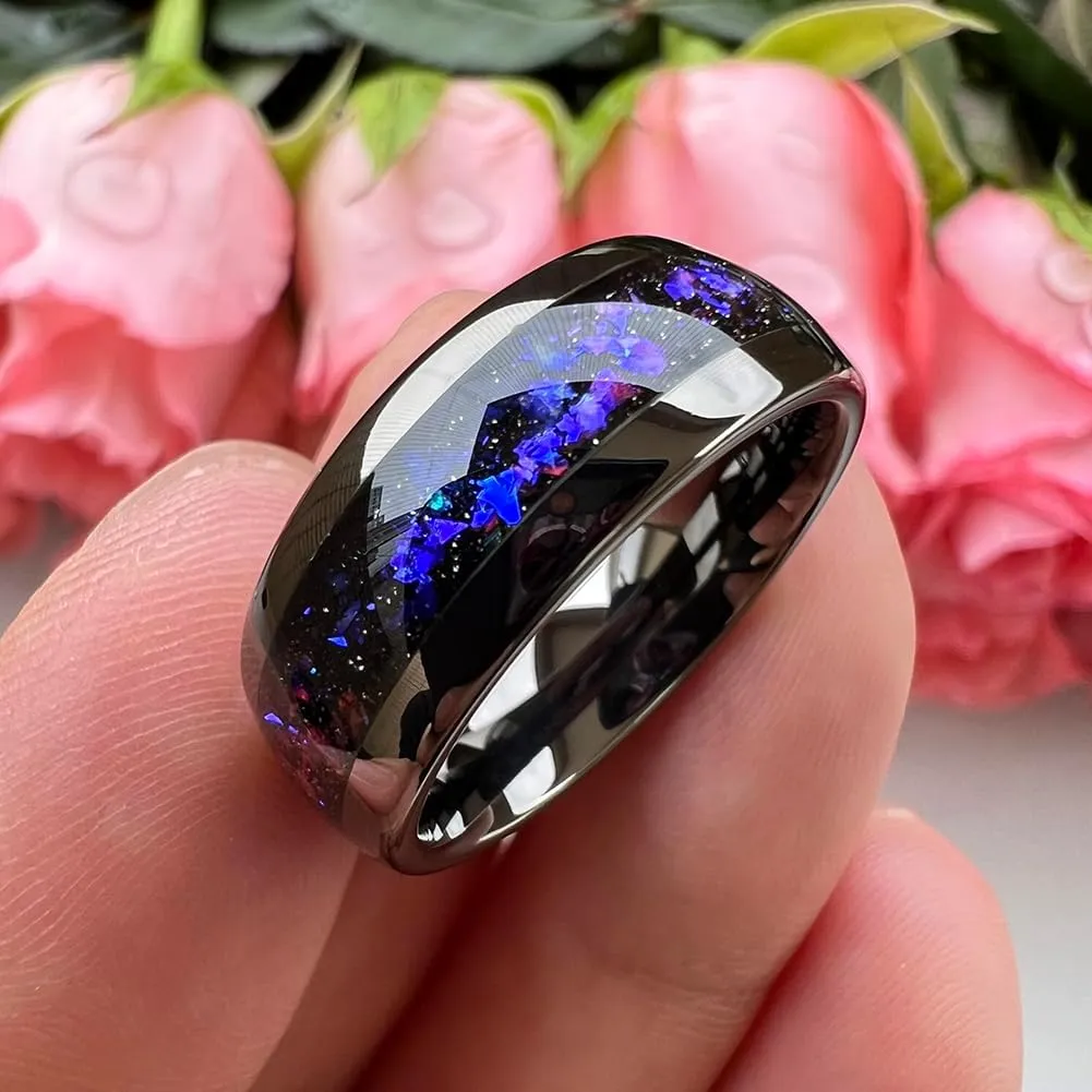 8mm Silver/Black/Gunmetal Tungsten Rings for Men Women Orion Nebula Opal Galaxy Fragment Inlay Fashion Jewelry Engagement Wedding Promise Band Polished Shiny Comfort Fit