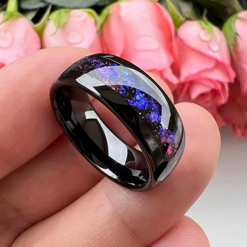 8mm Silver/Black/Gunmetal Tungsten Rings for Men Women Orion Nebula Opal Galaxy Fragment Inlay Fashion Jewelry Engagement Wedding Promise Band Polished Shiny Comfort Fit