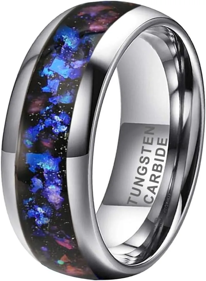 8mm Silver/Black/Gunmetal Tungsten Rings for Men Women Orion Nebula Opal Galaxy Fragment Inlay Fashion Jewelry Engagement Wedding Promise Band Polished Shiny Comfort Fit